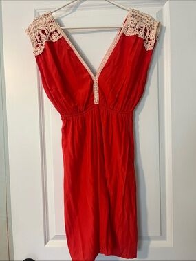Alya Red V-Neck Nightdress with Cream Crochet Trim